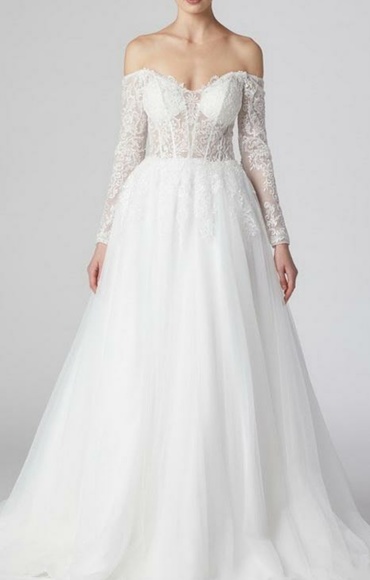 New long off the shoulder tulle, embroidered, lace, sequins, wedding dress, gown - Picture 1 of 8
